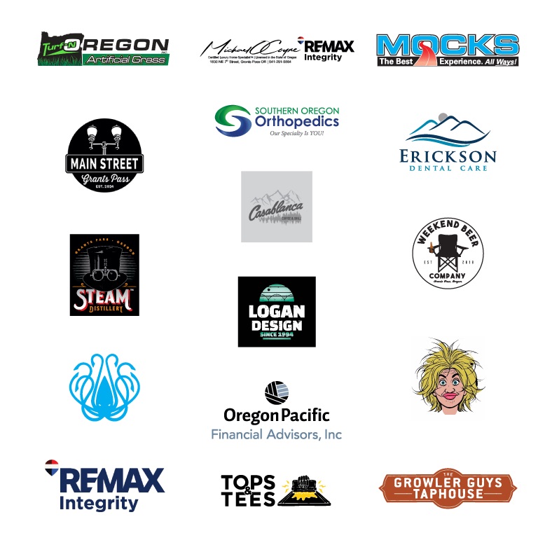 2025 hole sponsors: Turf N' Region Artificial Grass, Michael S. Coyne RE/MAX Integrity, Mocks, Main Street Grants Pass, Southern Oregon Orthopedics, Erickson Dental Care, Casablanca, Weekend Beer Company, Steam Distillery, Logan Design, Oregon Pacific Financial Advisors, RE/MAX Integrity, Tops Tees, and The Growler Guys Taphouse